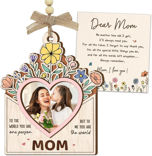 Mom Picture Frame Gifts from Daughter Son – Wooden Photo Frame Ornament with Sentimental Card, Car Photo Holder Decoration – Mother’s Day & Birthday Gifts for Mom, Bonus Step Mama WN420