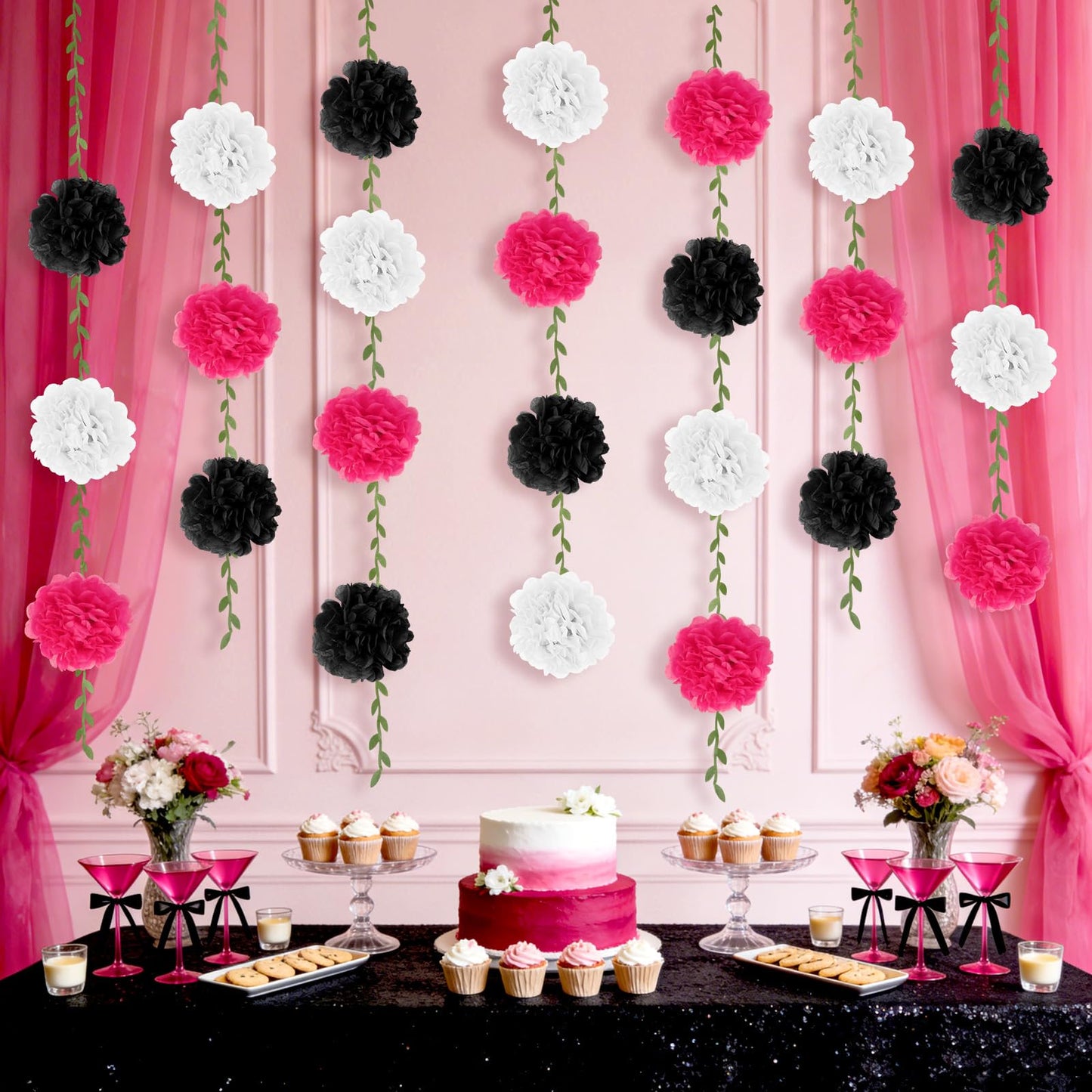 kreat4joy 4pack Pink Purple Tissue Paper Pom Poms Flowers Garland Leaf Ribbon 98.42inches Pre-Strung Reusable Ceiling for Birthday Baby Shower Wedding Bridal Shower Home Event Wall Party Decoration BST220