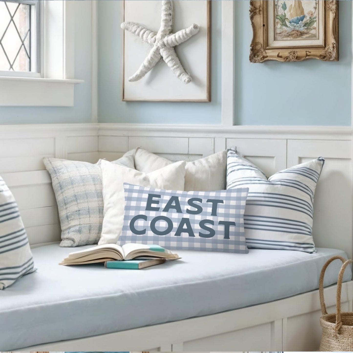 Coastal Beach Girly Room Decor 12x20 Pillow Cover, Preppy Beach Navy Blue Bikini Striped Decorative Lumbar Pillow Covers for Girls Bedroom College Dorm Sofa Couch BST326L