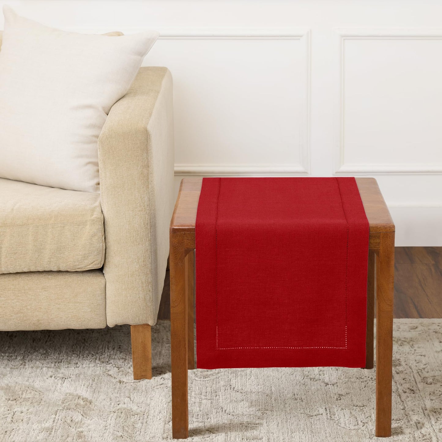Solino Home 100% Pure Linen Table Runner Garden Green Hemstitch, 14 x 48 in | Classic Hemstitch Table Runners for dining, hallway and console table styling | hand hemstitched borders | OEKO-TEX Certified BST326SOLH