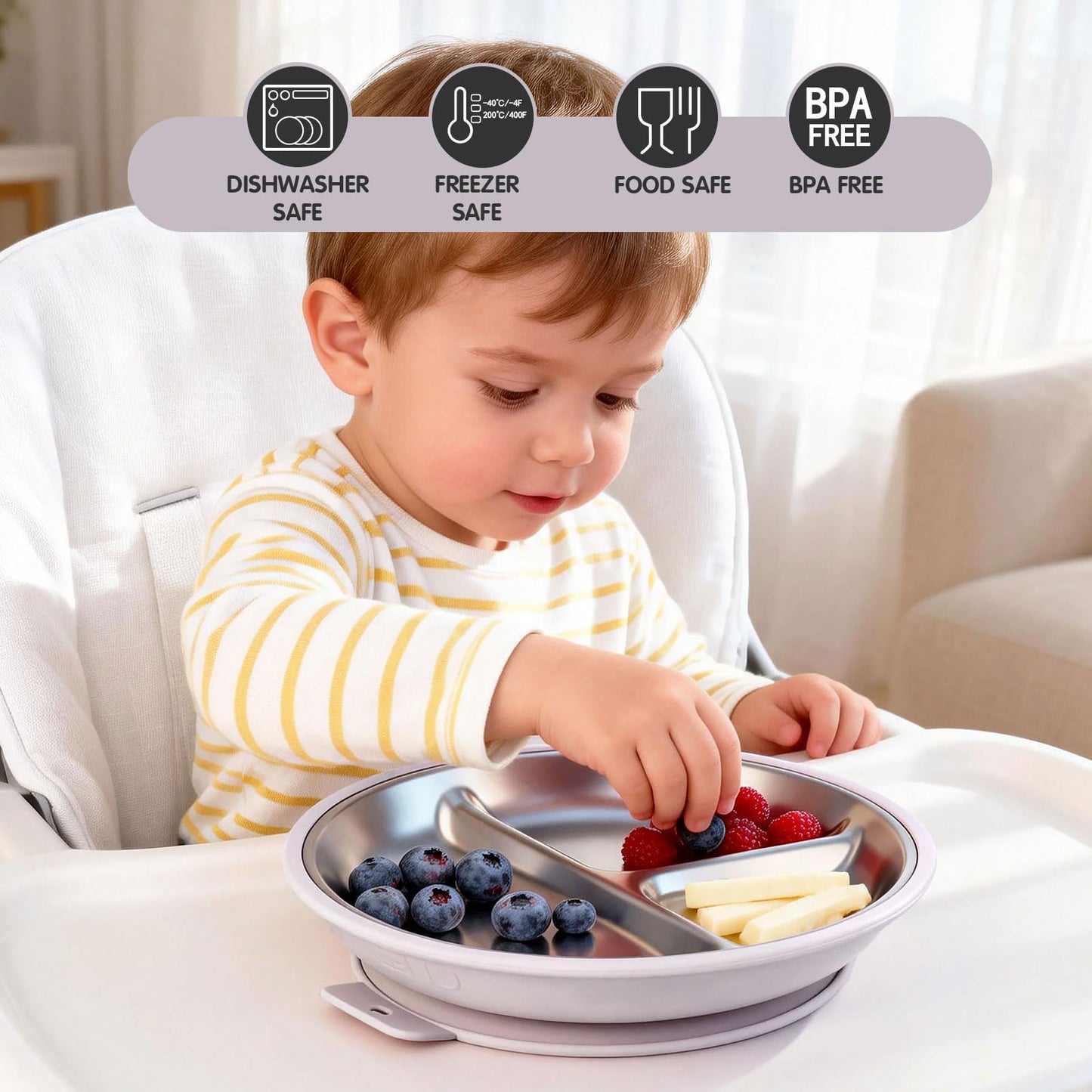 Greentainer 3 Pack Stainless Steel Baby Plates with Suction, Divided Toddler Plates with Removable Silicone Sleeves, Unbreakable Kids Dishes for Dinner & Snack, Non-Toxic, Dishwasher Safe BST326H