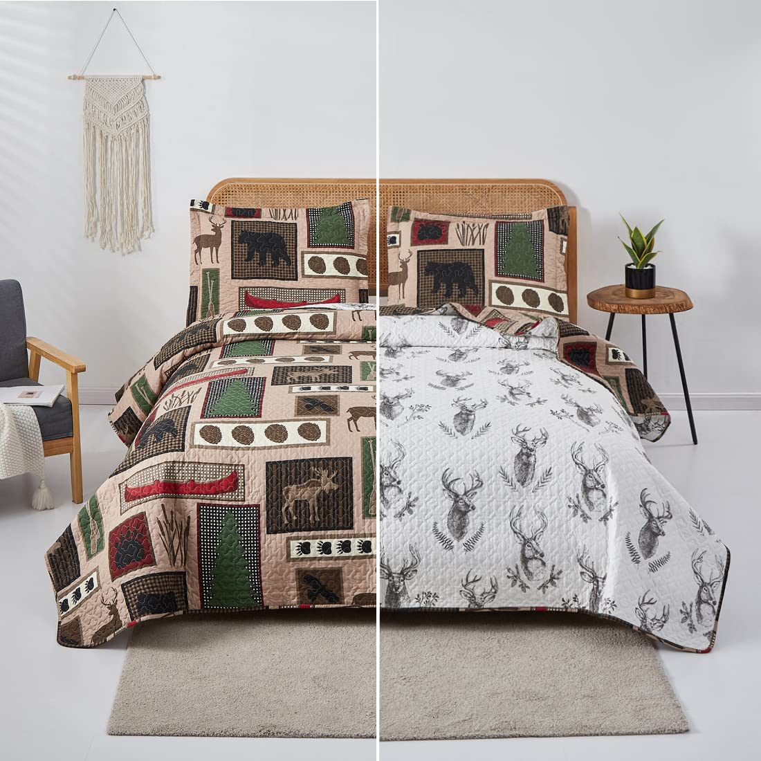 Rustic Moose Quilt Set King Size Lodge Quilt Lightweight Summer Cabin Bedspread Country Bedding Forest Bear Fish Pine Coverlet Daybed Cover Blanket Woodland Home Decor-Brown White BST220