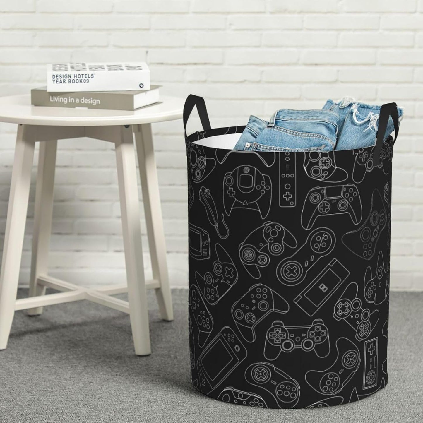 38L Round Laundry Hamper Video Game Controller Background Storage Basket Waterproof Coating Gaming Gadgets Organizer Bin For Nursery Clothes Toys BST202