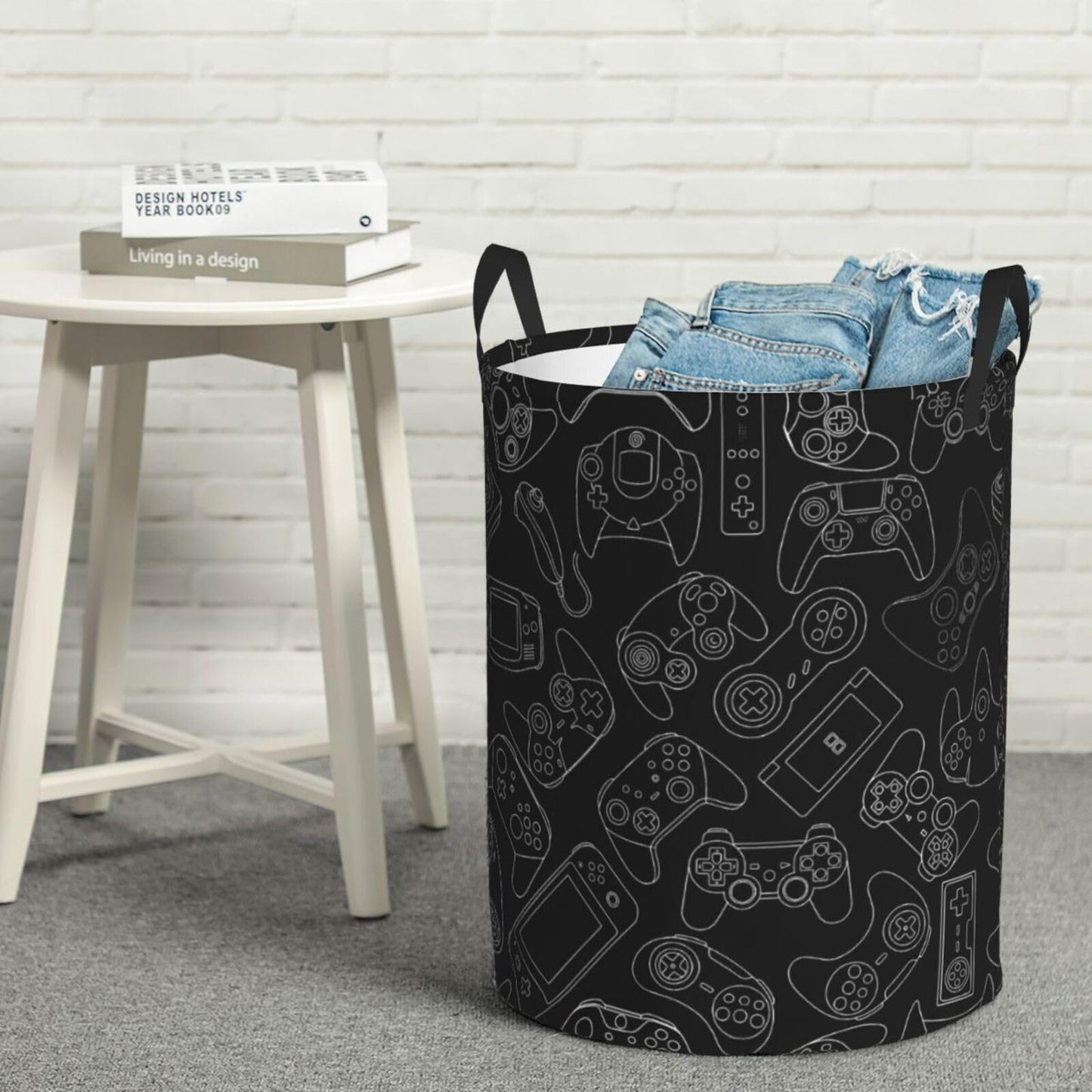 38L Round Laundry Hamper Video Game Controller Background Storage Basket Waterproof Coating Gaming Gadgets Organizer Bin For Nursery Clothes Toys BST202