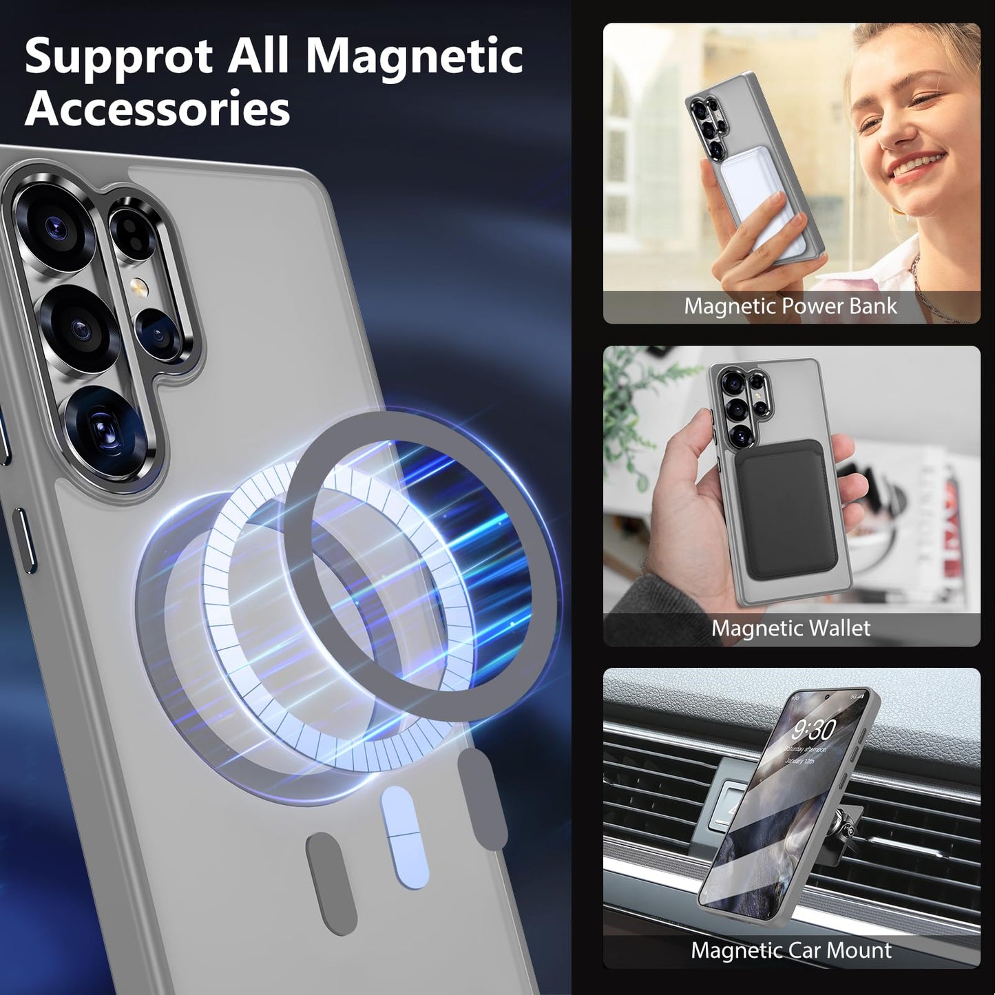 MATEPROX Magnetic Design for Samsung Galaxy S24 Plus Case, Stylish Slim an-ti Yellow Translucent Matte Shockproof Protective Cover for S 24+ 6.7'' 2024-Titanium Gray WN420