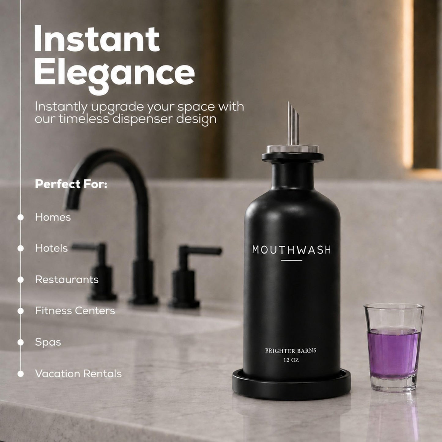 Glass Mouthwash Dispenser for Bathroom by Brighter Barns - Refillable Mouthwash Container with Glass Cup and Tray - Mouth Wash Dispensers for Bathroom Sink, Home Decor, Airbnb, Office, Hotel (Clear) BST326H