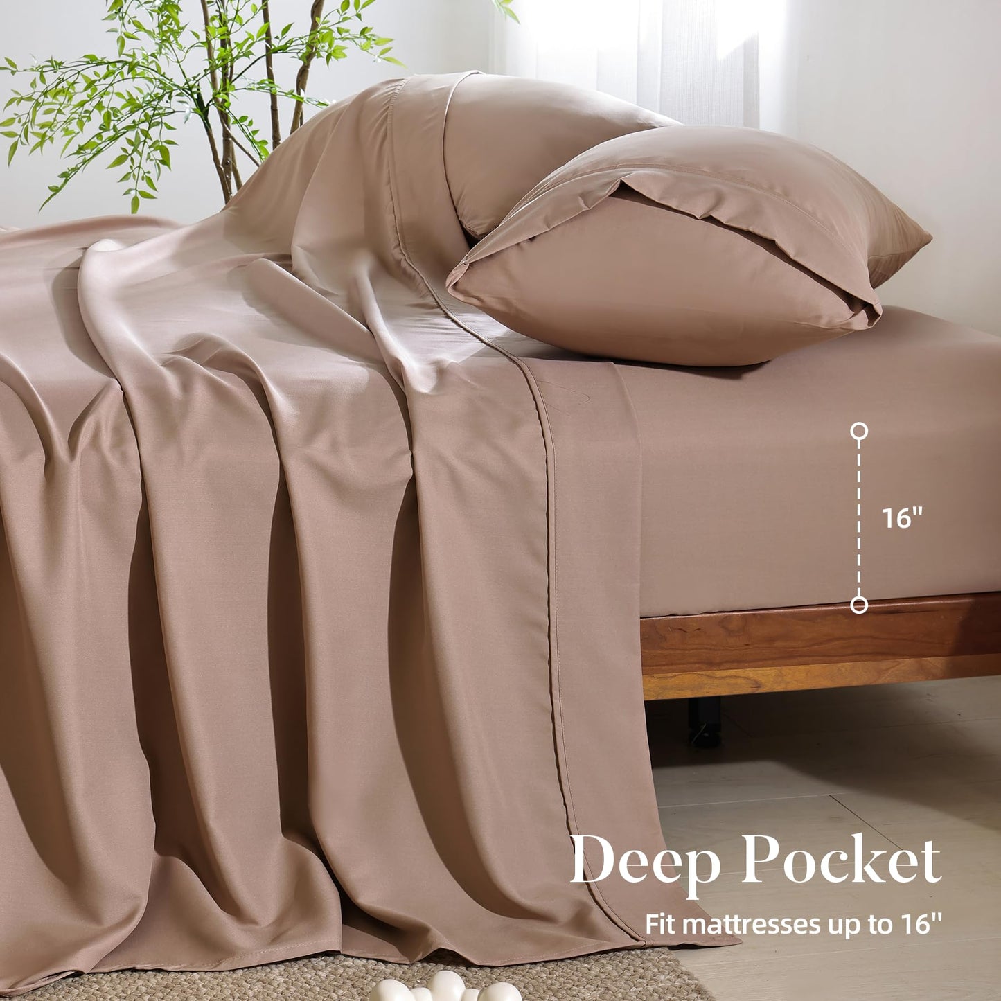 4 Piece Twin Size Sheet - Cooling Bed Sheets Set, Blend Rayon Derived from Bamboo, Breathable Soft Hotel Luxury Bedding & Pillowcases, Silky Fit 16 inch Extra Deep Pocket, Oeko-Tex - Olive Green BST326H