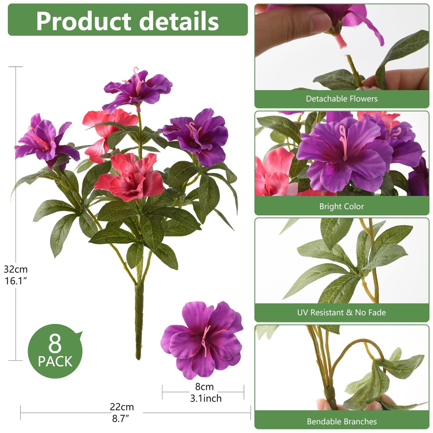 Hommyea Artificial Fake Flowers for Outdoor, 8 Bundles Faux Plants Silk Flowers Spring Decoration UV Resistant No Fade Plastic Flowers for Outside Planters Home Porch Patio Yard Garden Decor WN420