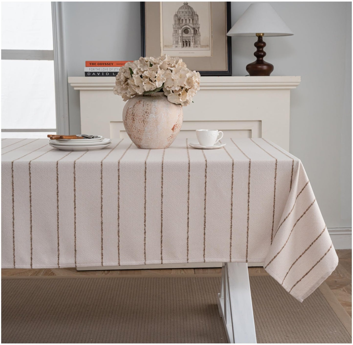 Caflife White Square Tablecloth 55x55 Inch, Cotton Linen Polyester Blend Stripes Table Cloth, Farmhouse Boho Decorative Table Cover for Dining Room Party Buffet Home Kitchen Table Decor BST202