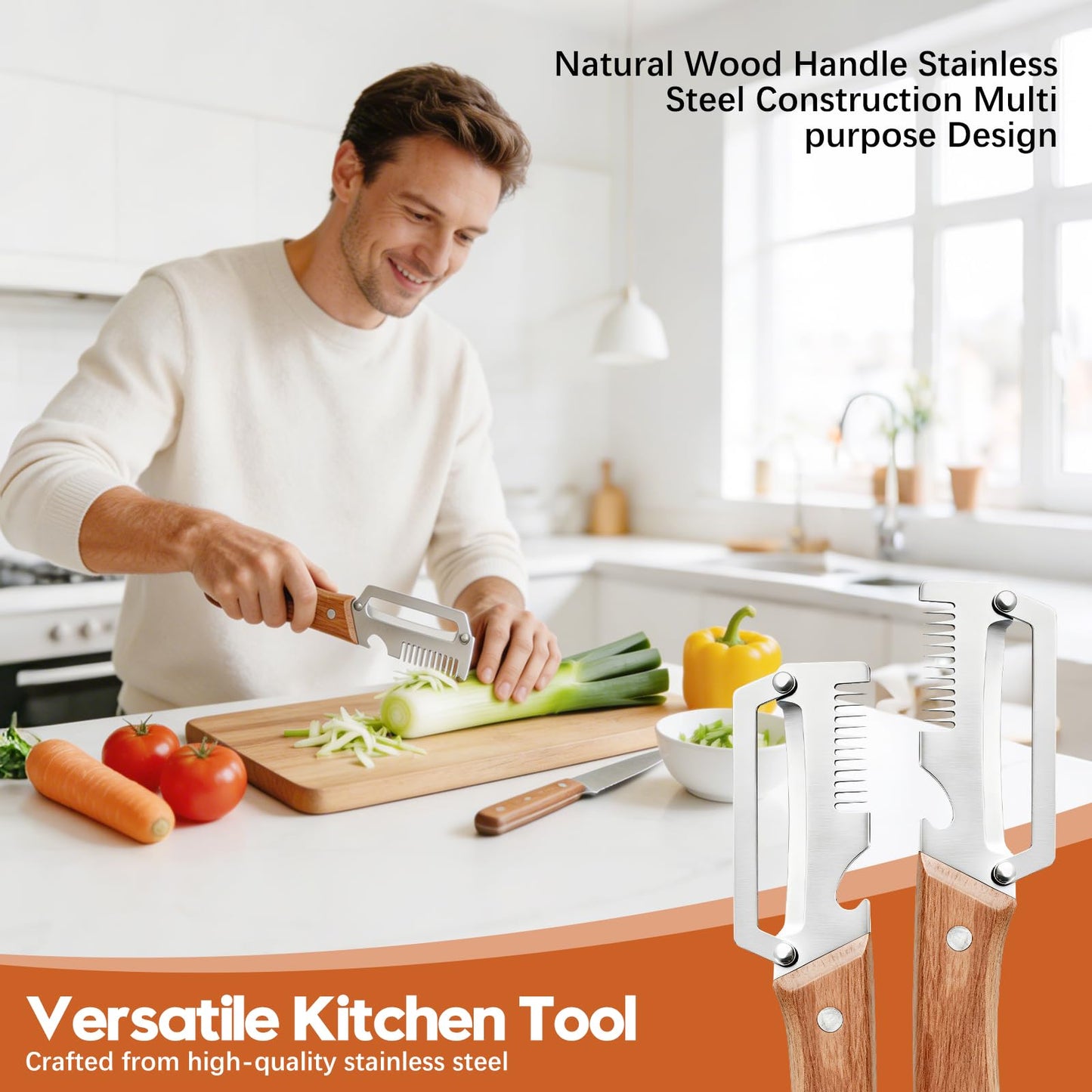 Left & Right Hand Vegetable Peeler Set with Bottle Opener, Thickened Stainless Steel Wide Blade for Smooth Peeling, Wooden Handle Kitchen Peeler for Fruits & Vegetables BST326L