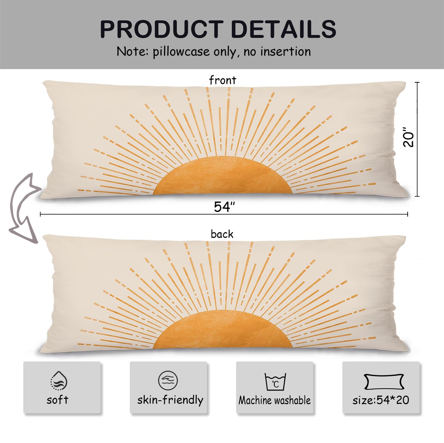 Boho Sun Sunshine 21x54 Body Pillow Cover Case, Modern Neutral Boho Horizontal Sun Sunset Sunrise Decorative Long Hug Pillow Cases for Bed Couch BST220
