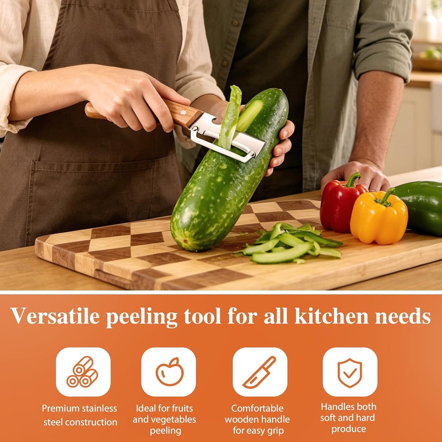 (3 PCS) 2 in 1 Multi Functional Vegetable Peeler with Wooden Handle and Bottle Opener, Stainless Steel Blade Kitchen Tool for Fruit Apple Potato Pumpkin Papaya BST326H