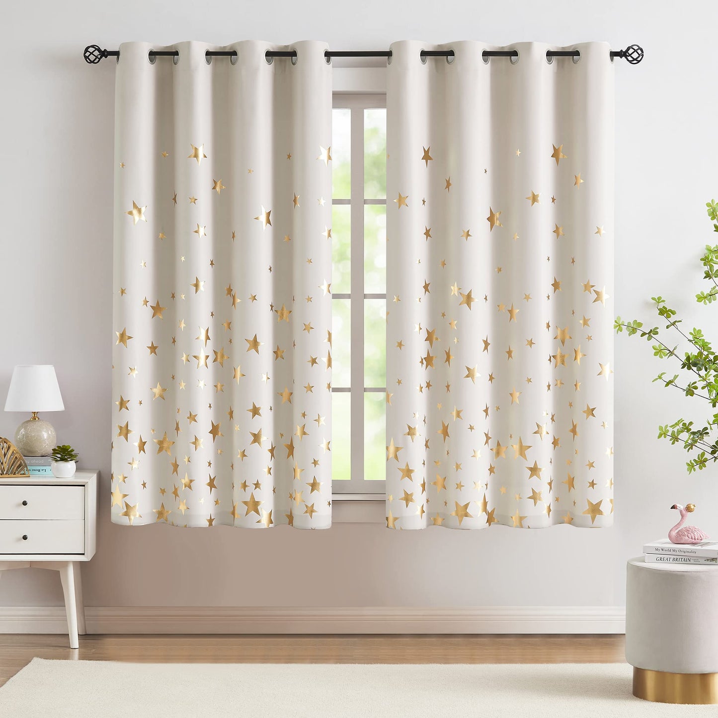 Treatmentex Gold Star Black Full Blackout Curtains for Boys Bedroom, Metallic Window Panels for Baby Nursery Room Grommet Top 2 pcs(Black Gold, 50x63in) BST202
