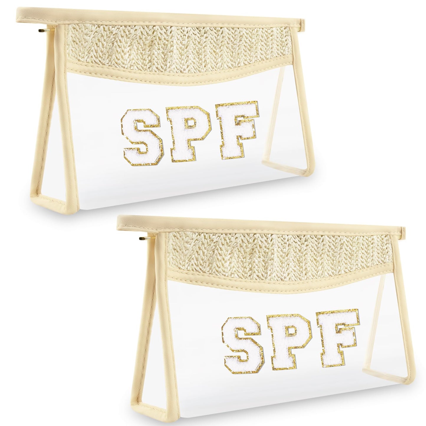 Boho Clear Makeup Bag Cosmetic Zipper Pouch Purse, Clear Toiletry Bags Travel Small Preppy Cute DIY Chenille Letter Bag, Transparent PVC Waterproof Clutch Make Up Organizer Storage Bag for Women Girls BST220