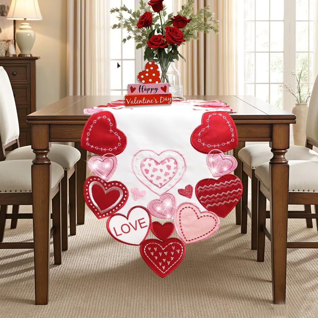 Valentines Table Runner Embroidered Red Love Heart Pink Valentines Day Runner for Table Decorations 54 inches Long Sparkle Cut Out Wedding XOXO BST202
