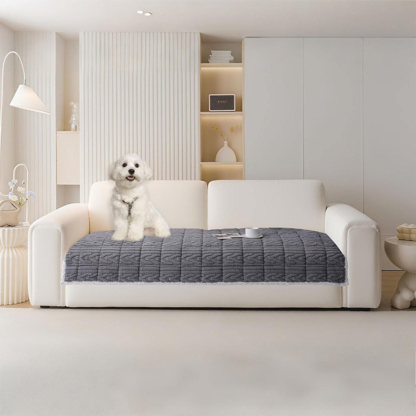 HANDONTIME Fuzzy Dog Couch Cover Washable, Pet-Friendly Sofa Covers Non-Slip Geometric Jacquard Pet Protector Furniture Cover for 3 Cushion Sofa Cozy Fuzzy Dog Mat for Couch (Grey, 35.4" x 70.9") BST202