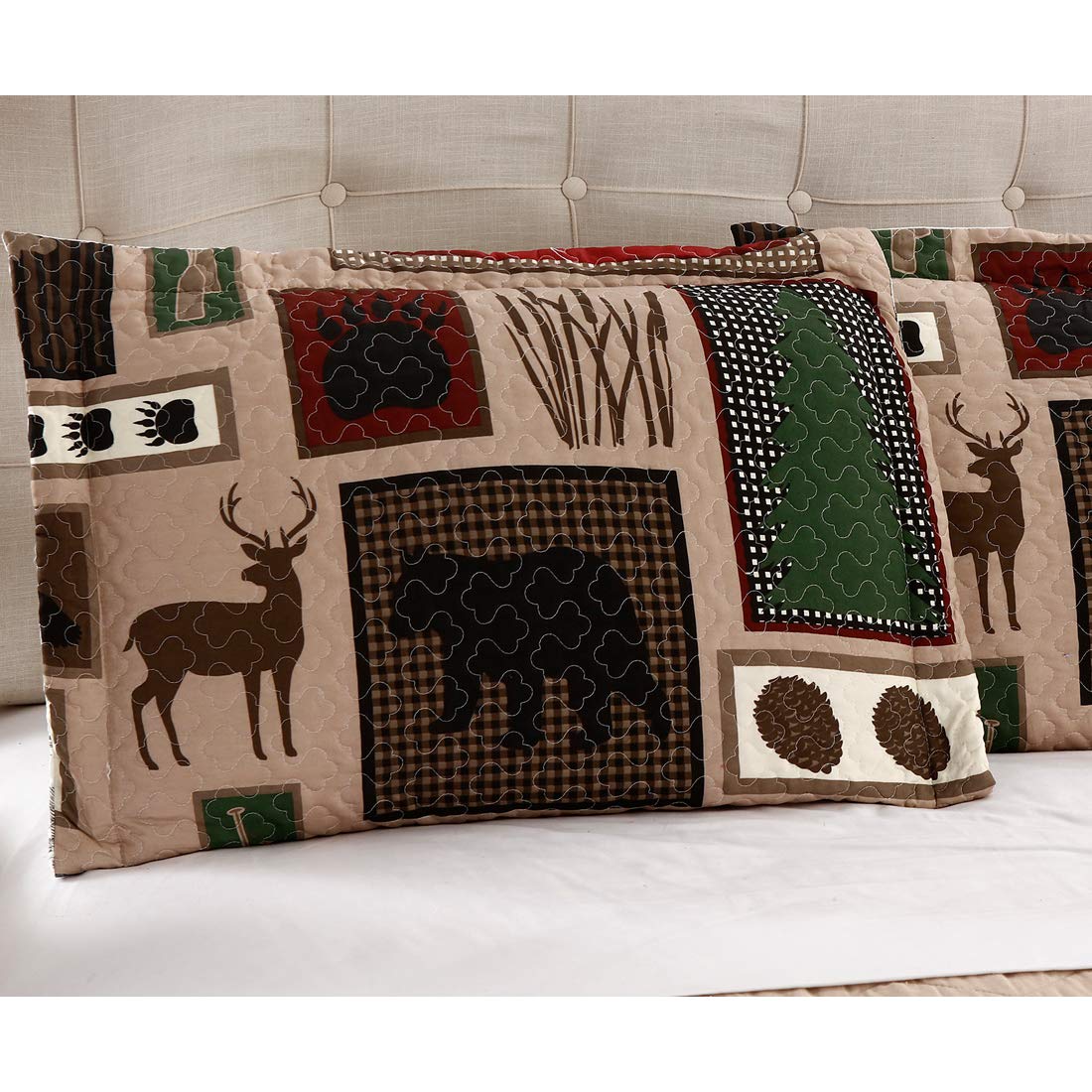 Rustic Moose Quilt Set King Size Lodge Quilt Lightweight Summer Cabin Bedspread Country Bedding Forest Bear Fish Pine Coverlet Daybed Cover Blanket Woodland Home Decor-Brown White BST220