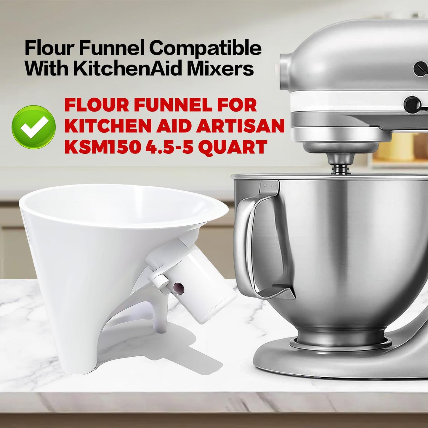 2026 New Flour Funnel for Kitchen Aid Mixer,Fits Tilt-Head 4.5–5 Qt (KSM150), Kitchen Aid Accessories and Attachments,Powder Funnel with Easy-Pour, Prevents Spills,Easy to Clean Baking Tool(Black) BST220