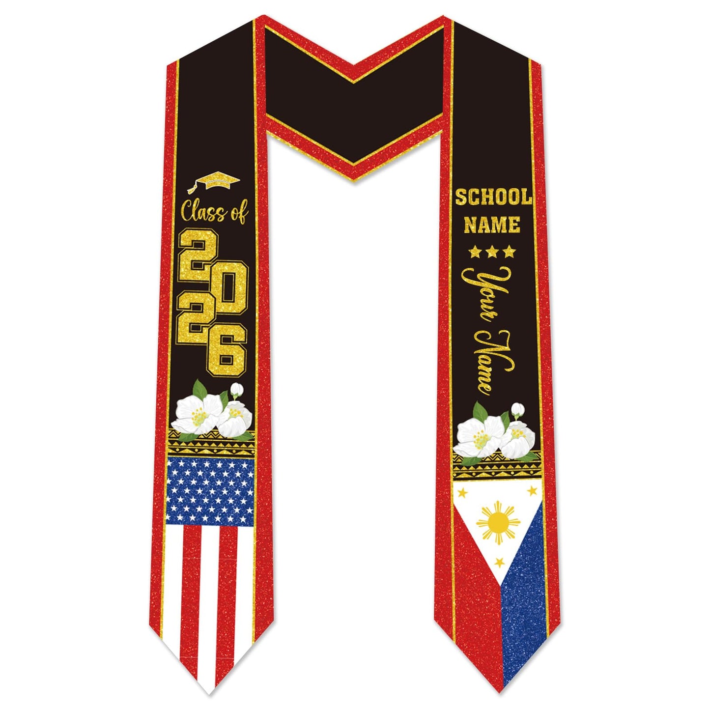 Dazoratix Filipino Graduation Stole 2026 - Philippines American Flag Sash Personalized Custom Glitter Iron on Letters Patches DIY Customize Transfer Stickers for Senior Student School Grad Decorations BST326L