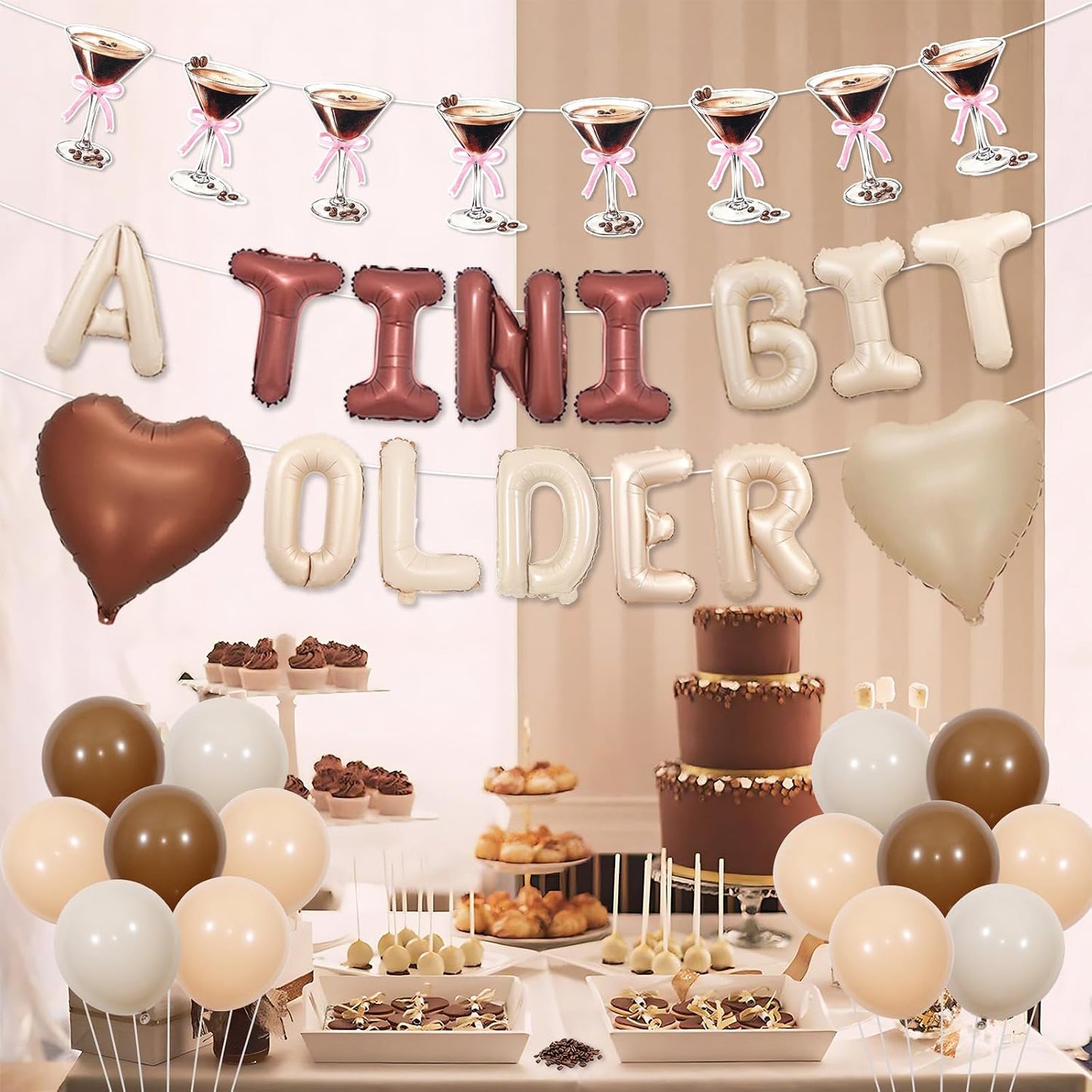 A Tini Bit Older Birthday Decorations Espresso Martini Themed Banner Garland A Tini Bit Older Foil Balloons Brown Beige Heart Shape Foil Balloons for Girl Martini Party Bachelorette Party Supplies BST202