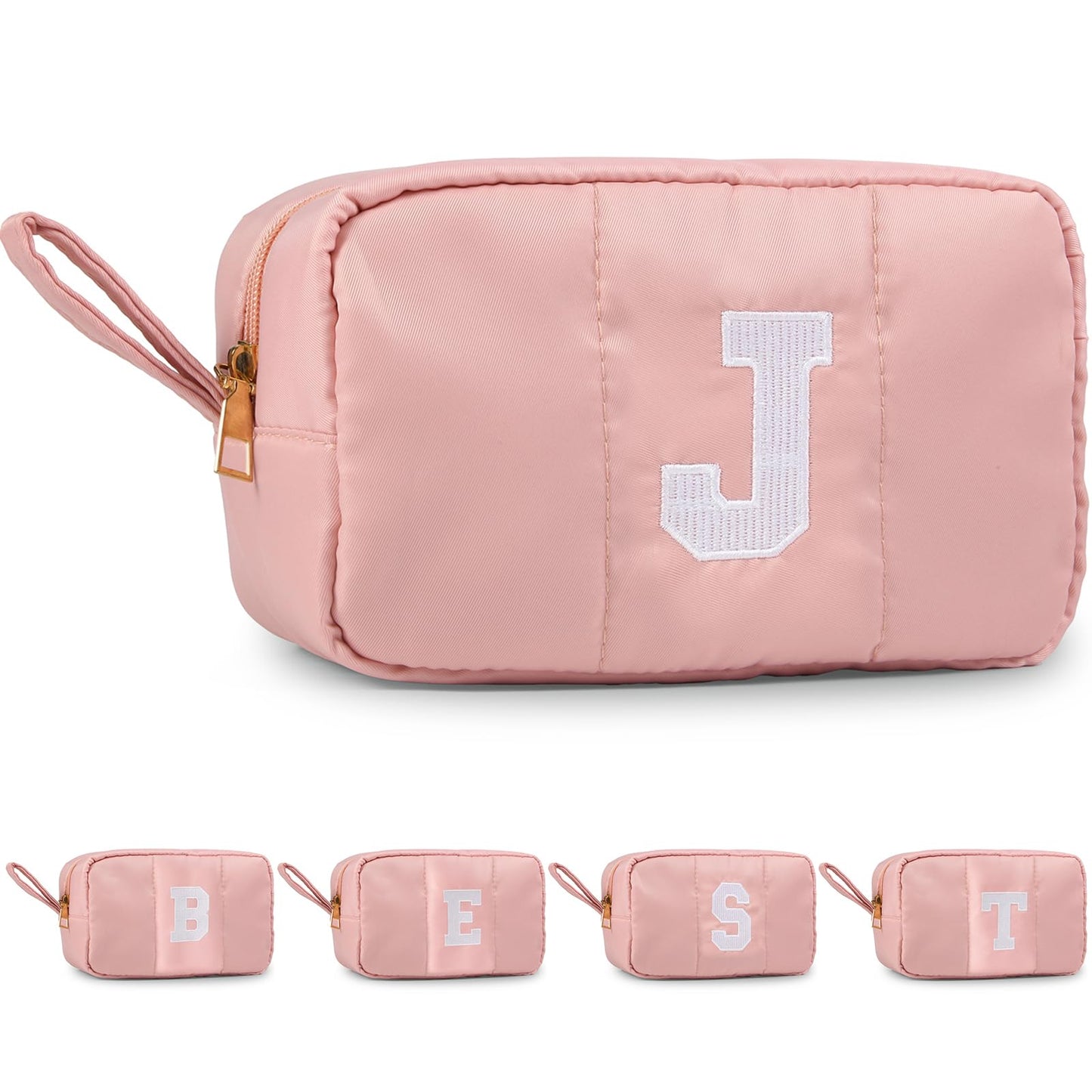 Puffy Makeup Bag for Women,Initial Cosmetic Bag,Cute Travel Toiletry Bag,Puffer Make Up Organizer Bags with Compartments,Personalized Gifts for Girlfriend Bridesmaid Teacher Graduation (Khaki gray, E) BST202