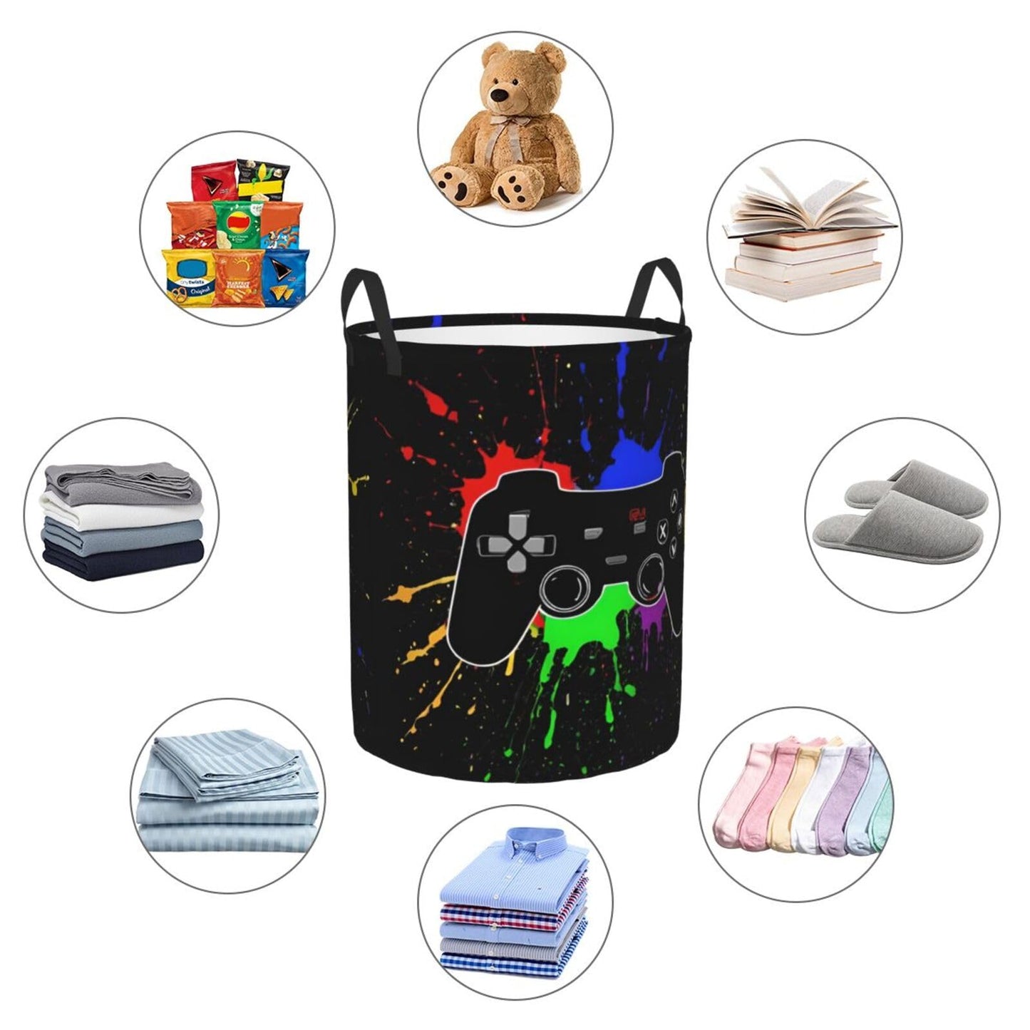 38L Round Laundry Hamper Video Game Controller Background Storage Basket Waterproof Coating Gaming Gadgets Organizer Bin For Nursery Clothes Toys BST202