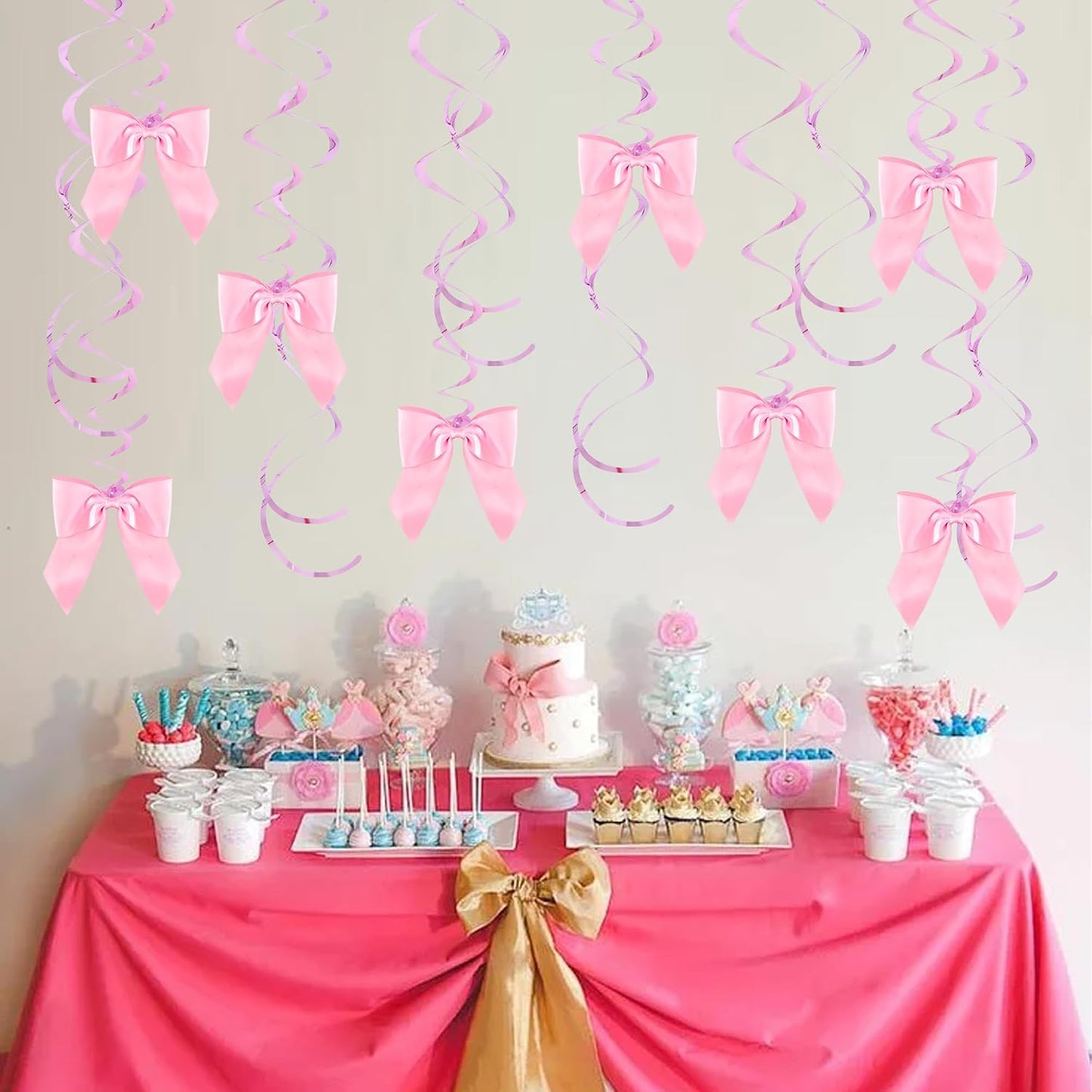 BEISHIDA Pink Bow Party Hanging Swirls Decorations, 36PCS Satin Ribbon Bow Party Decorations Pre-Strung for Birthday Wedding Baby Shower Bachelorette Supplies WN420
