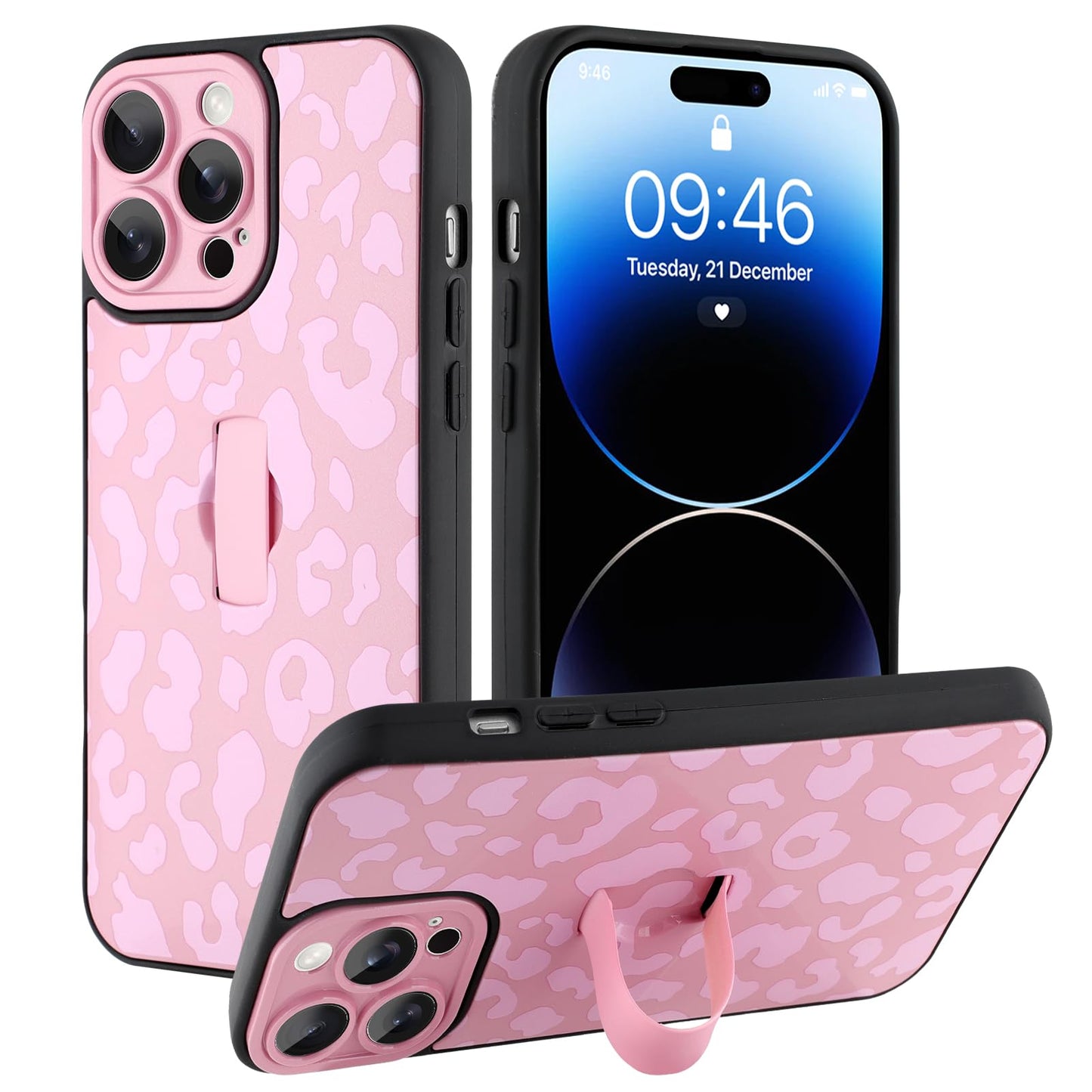 Compatible with iPhone 13 Case, Cute Cheetah Leopard Pattern | Built in Adjustable Wrist Strap Grip Hand Holder Stand Shockproof Kickstand Cover for Women Girls (Black White) WN420