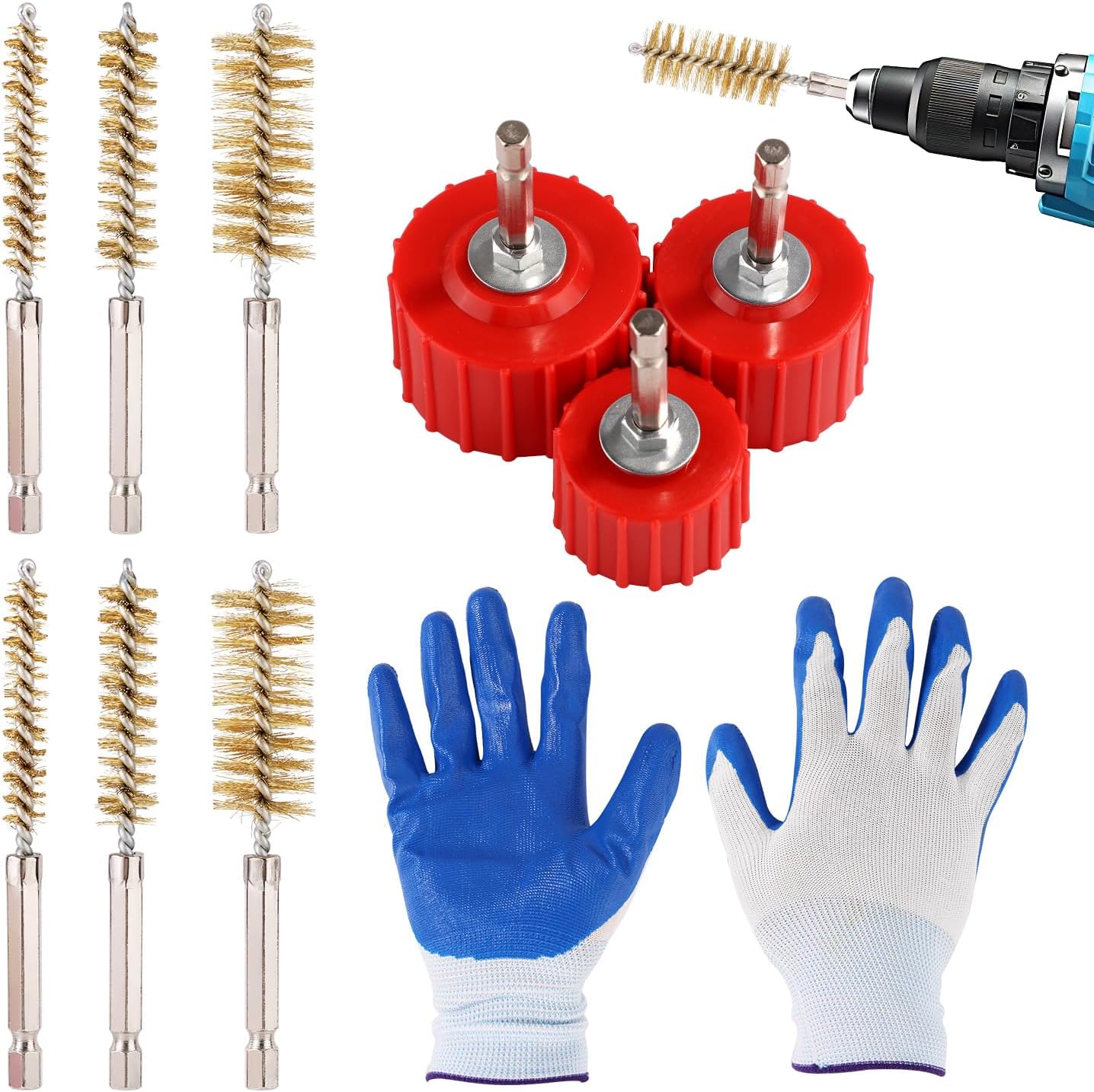 9-Piece Copper Pipe Cleaner Kit for Power Drill, 1/2" 3/4" 1" Alloy Tube Cleaning Brush & 6pcs Wire Bore Brush Fitting Tool with Gloves for Brass & Bronze Pipes Soldering Maintenance BST326H