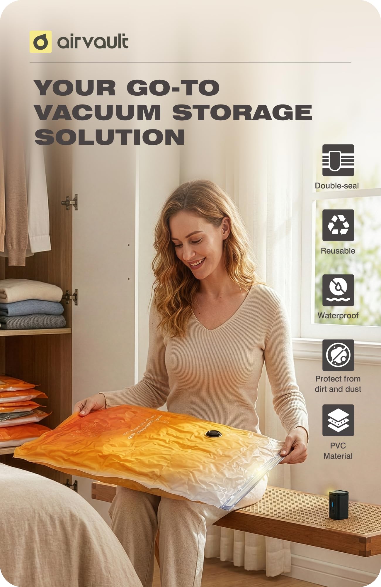 AirVault Vacuum Storage Bags for Travel & Home - Space Saver Compression Packing Bags Set for Clothes, Blankets & Seasonal Storage, Small (5), Medium (5), Large (5) (Orange,15-Pack Combo) BST326H