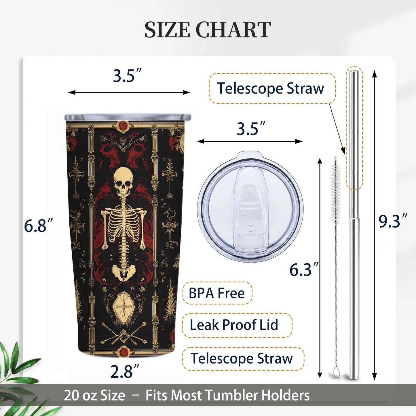 Gothic Skull 20 oz Insulated Stainless Steel Tumbler | Spooky Skeleton Travel Mug with Leak Proof Lid and Telescope Straw | Hot & Cold Coffee Cup | Halloween Gifts for Men and Women WN420