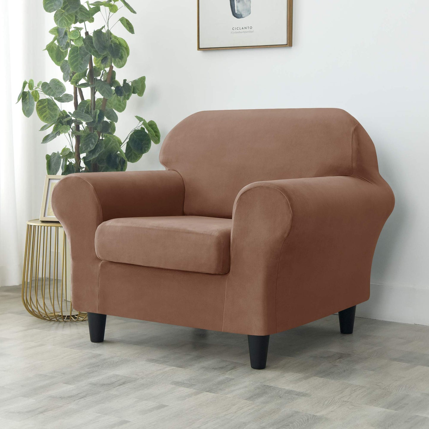 Velvet Loveseat Couch Covers for 2 Cushion Couch Sofa - High Stretch 3 Pieces Washable Furniture Protector with Elastic Bottom for Kids,Pets (Brown, Armchair (1 Cushion)) WN420