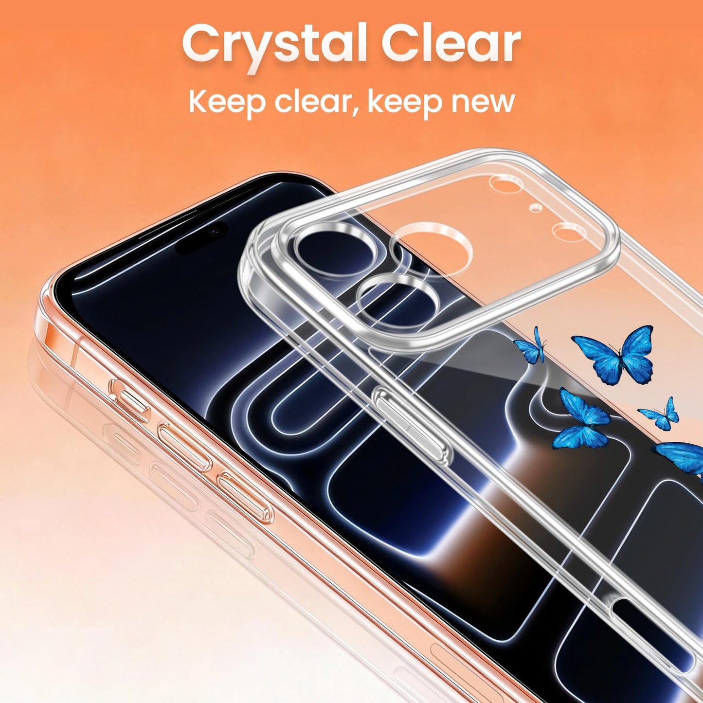 Cute Girly Crystal Clear Case Compatible with iPhone 16 Pro, Camera Control & Shockproof Protection Floral Case for Women, Blue Butterflies WN420