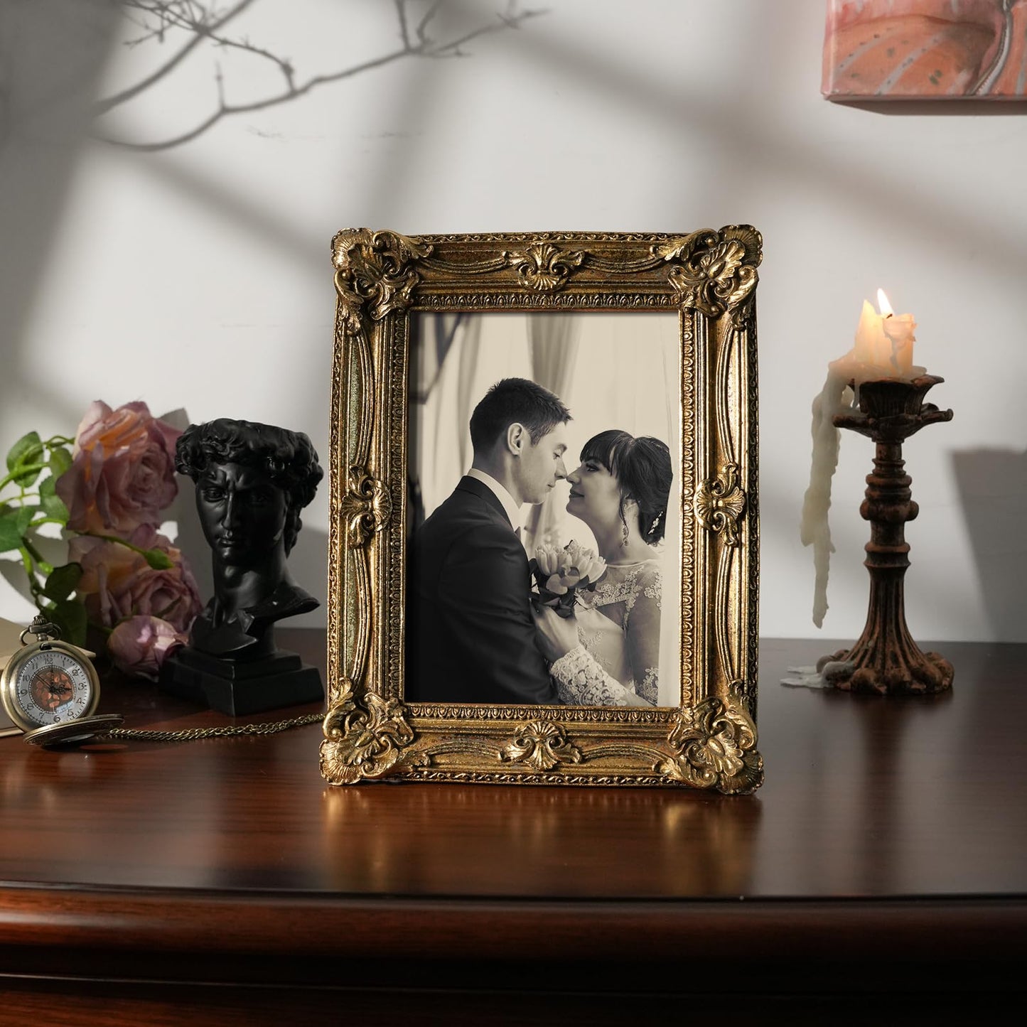 5x7 Wedding Picture Frame Gold,2 Pack Small Frame for Gallery Decor | Durable Resin Material,Tabletop & Wall Display,Real Glass,Rose Floral Design,Antique Brass Finish,Wedding Arrangement Decor BST326H