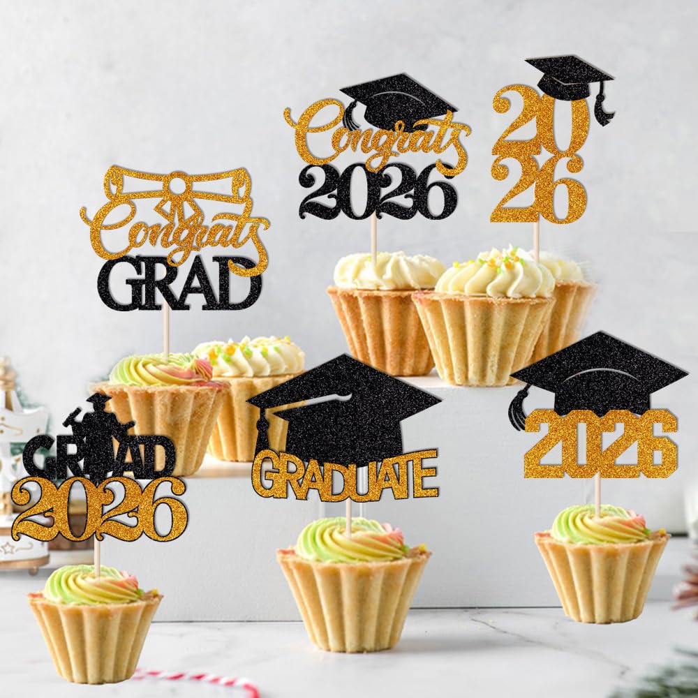 24Pcs Graduation Cupcake Topper, Glitter Class of 2026 Cupcake Topper Supplies for 2026 Congrats Grad Cap Diploma Cake Decor Graduate Celebration Party Cake Decorations Supplies (Black - 24) BST326L