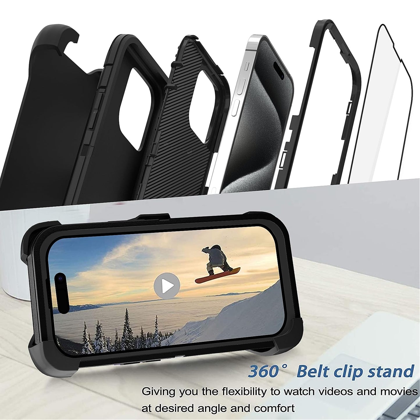 for iPhone 11 Case with Belt Clip Holster Kickstand & 2 Screen Protector, Full Protection Heavy Duty Phone Case, Shockproof Drop-Proof Durable Cover 6.1" [Black+Clip] WN420