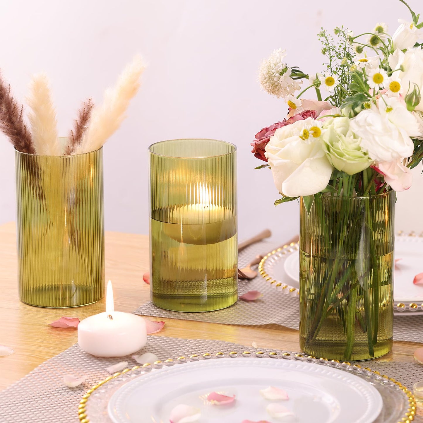 Glass Ribbed Cylinder Vases, 8 Inch Tall, Clear, Pack of 3 | Flower Vases in Bulk, Hurricane Floating Candle Vases, For Party Home Decor BST326H