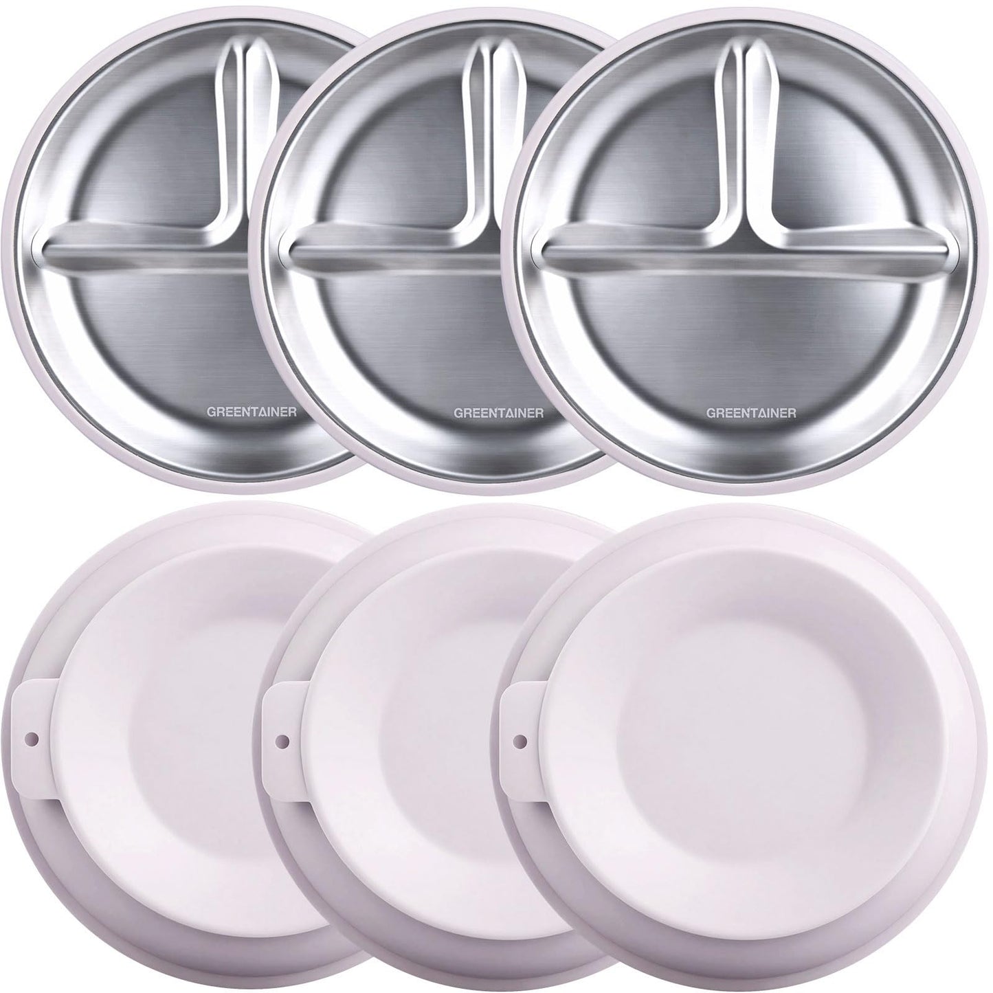 Greentainer 3 Pack Stainless Steel Baby Plates with Suction, Divided Toddler Plates with Removable Silicone Sleeves, Unbreakable Kids Dishes for Dinner & Snack, Non-Toxic, Dishwasher Safe BST326H