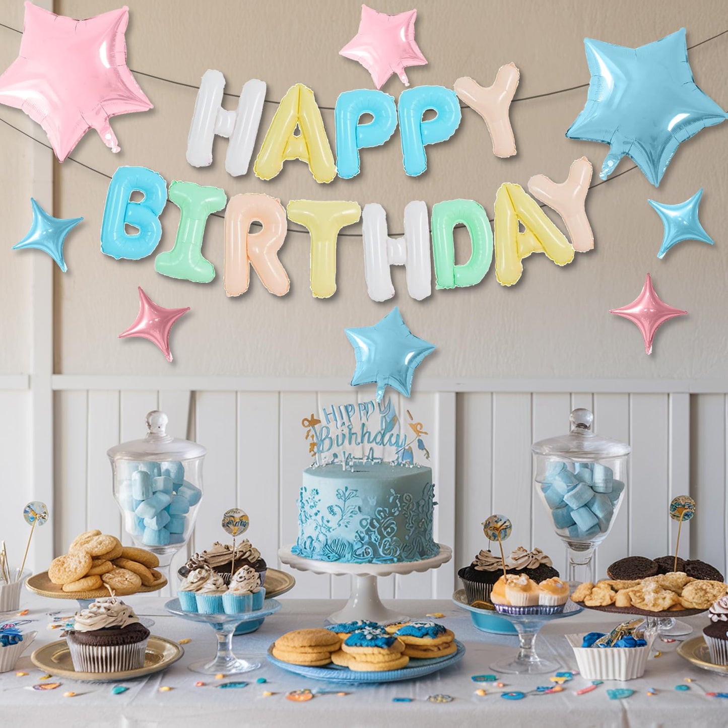 Happy Birthday Balloons Banner, Rainbow Happy Birthday Foil Balloons 16 Inch Foil Letter Balloon with 8 Pcs Gradient Blue Pink Star Balloon for Women Men Boys Girls Birthday Party Decoration WN420