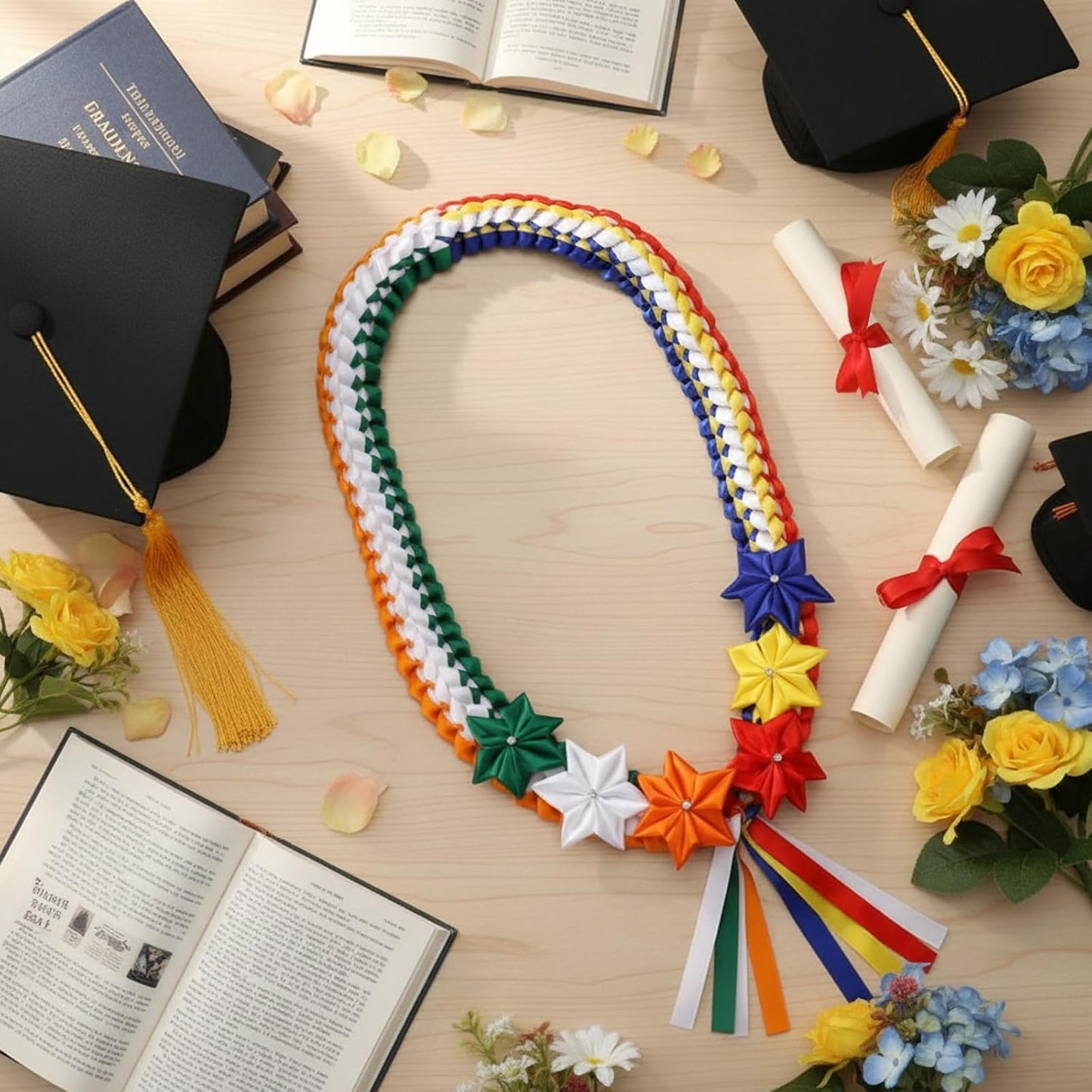 50 Inch Mexican Graduation Leis Class of 2026 Graduation Leis with 6 Satin Flowers Grad Necklace Gift for Filipino Mexico Philippines Italian Graduates BST202