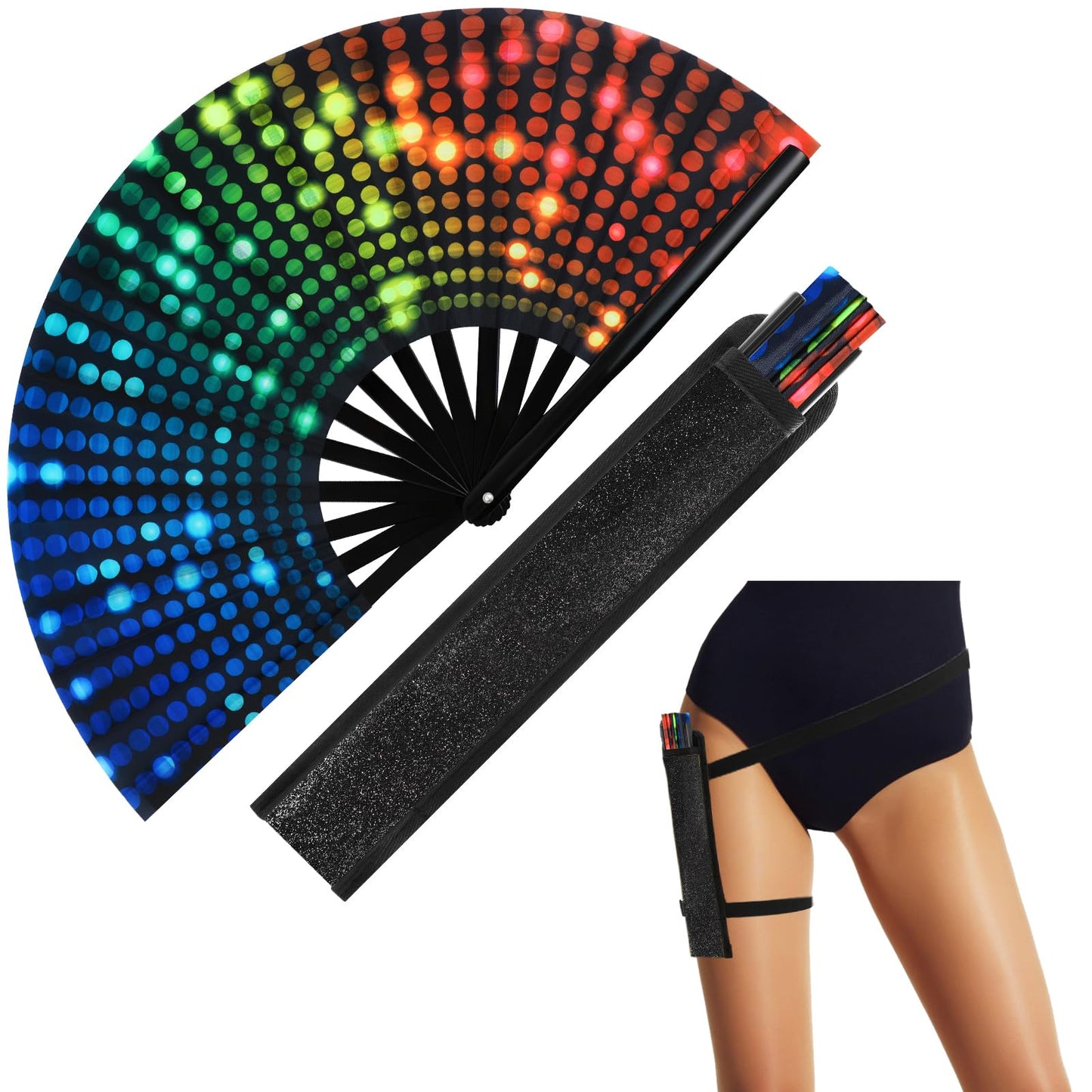 FairySandy Large Rave Fan UV Glow Clack Summer Hand Fan with Thigh Holster for Women Carnival Party Supplies for Carnival Edm Music Festival Club Accessories(Cool Style,Black) WN420