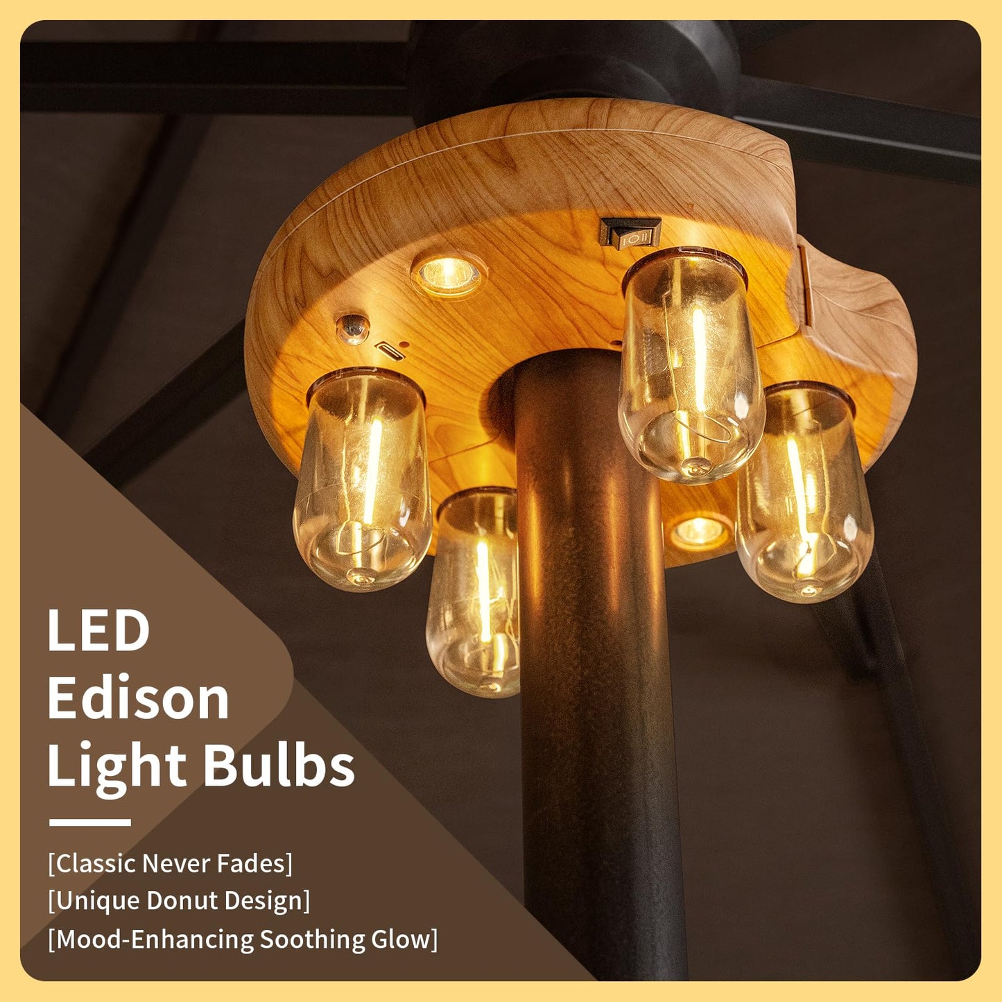 Wood Grain Patio Umbrella Light with Remote Control, Rechargeable Cordless LED Edison Bulbs Pole Light with 10 Brightness Levels for Garden, Patio, Backyard, Camping or BBQ (1 Pack)