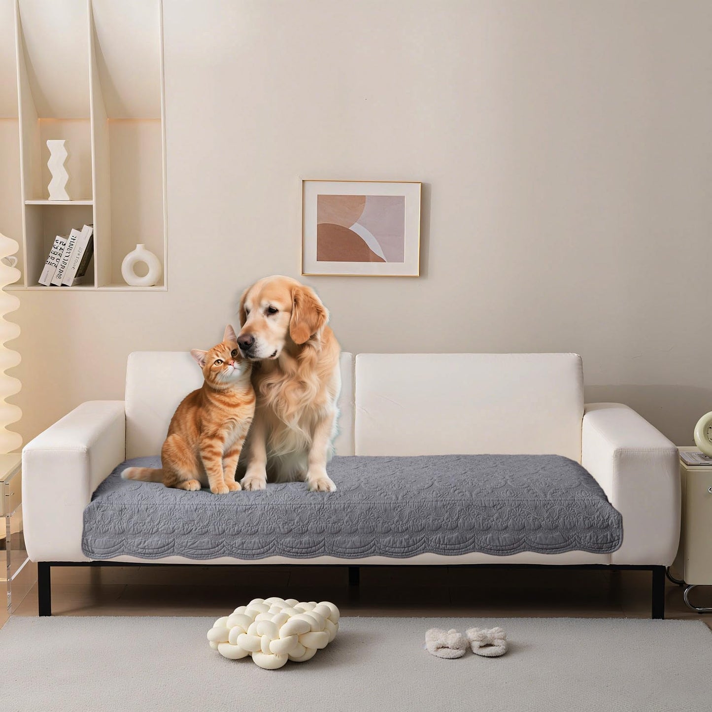 HANDONTIME Fuzzy Dog Couch Cover Washable, Pet-Friendly Sofa Covers Non-Slip Geometric Jacquard Pet Protector Furniture Cover for 3 Cushion Sofa Cozy Fuzzy Dog Mat for Couch (Grey, 35.4" x 70.9") BST202