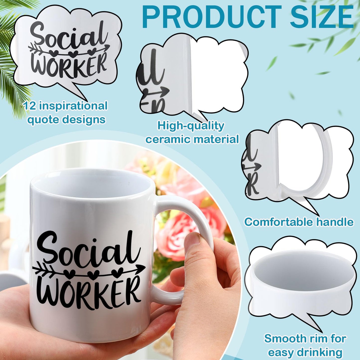 Honeydak 12 Pcs Social Worker Appreciation Gifts for Women Men 11oz Ceramic Mugs Bulk Thank You Gift for Social Worker Cup for Coworker Birthdays School Office Volunteer Nurse Week(Elegant) BST220