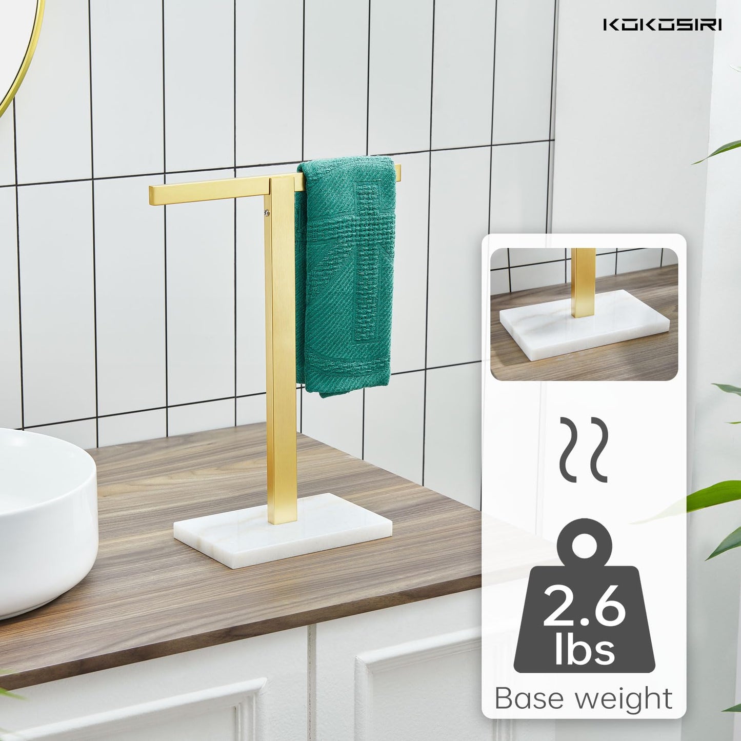KOKOSIRI Hand Towel Holder Black Stand Towel Rack with Marble Base for Bathroom Kitchen Vanity Countertop, Stainless Steel 15.7'' Height THS0002-SM-BK BST202