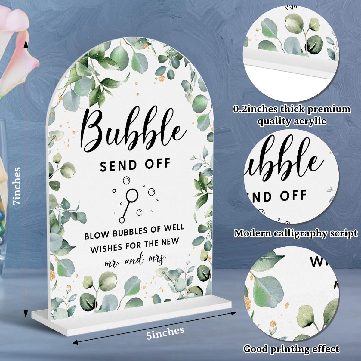Acrylic Wedding Signs, Bubble Send Off Signs for Marriage Reception, Bridal Shower Decorations, Modern Arched Round Top Acrylic Table Top Sign with Holder for Wedding Party (White Eucalyptus Leaves) BST326L