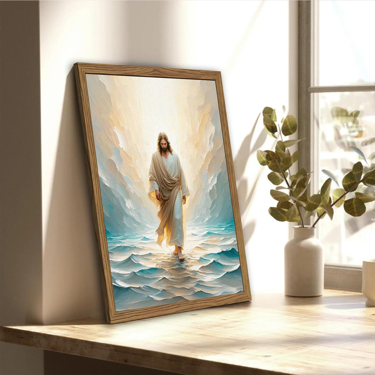 Framed 3D Textured Jesus Embracing Woman Wall Art, Jesus Hugging Woman Wall Decor Hand Drawn Sandstone Religious Christian Bible Painting Pictures for Bedroom Living Prayer Room 12x16 in Wood Framed BST202
