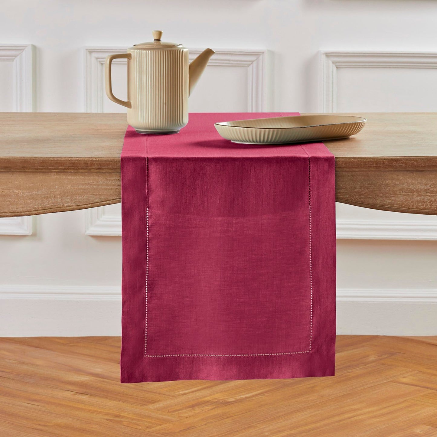 Solino Home 100% Pure Linen Table Runner Garden Green Hemstitch, 14 x 48 in | Classic Hemstitch Table Runners for dining, hallway and console table styling | hand hemstitched borders | OEKO-TEX Certified BST326SOLH