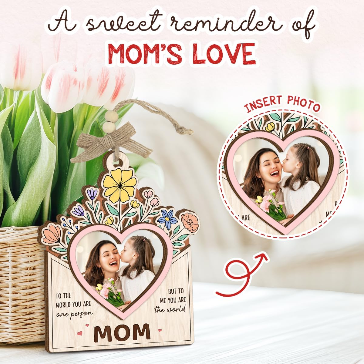 Mom Picture Frame Gifts from Daughter Son – Wooden Photo Frame Ornament with Sentimental Card, Car Photo Holder Decoration – Mother’s Day & Birthday Gifts for Mom, Bonus Step Mama WN420