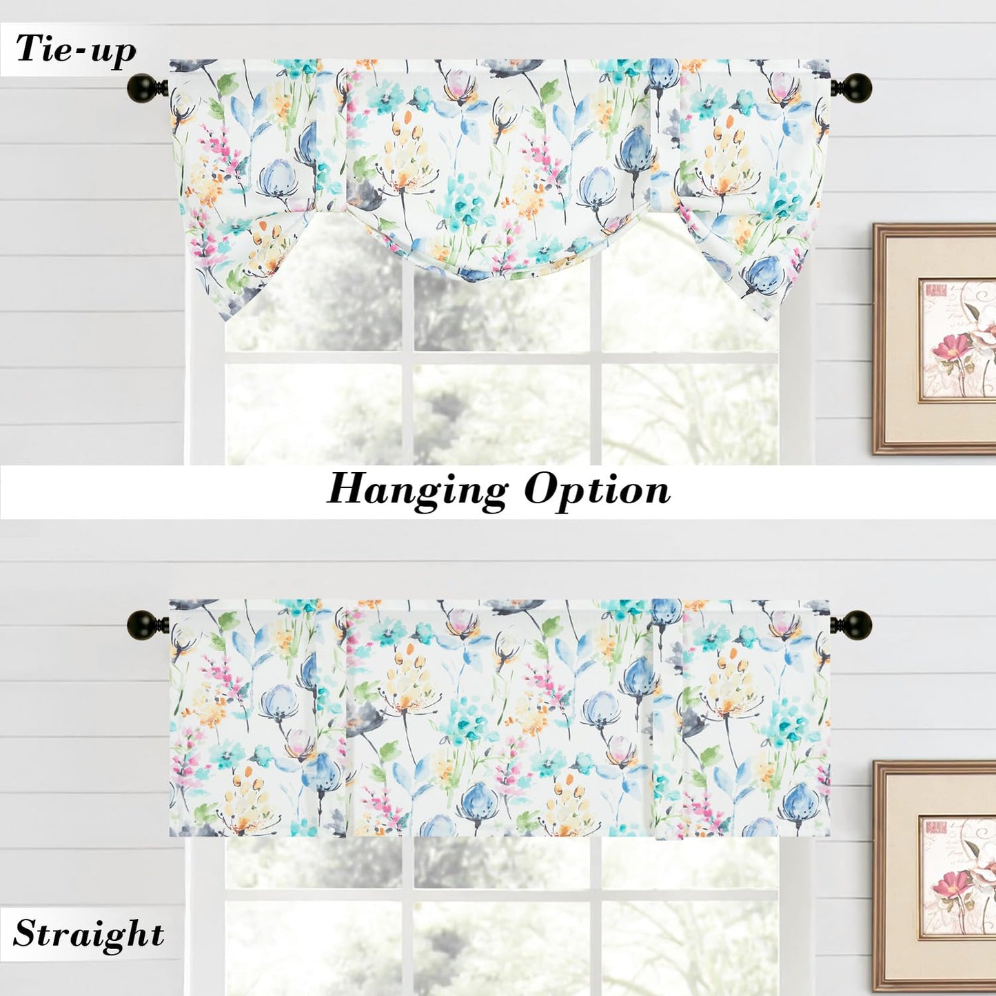 Leeva Farmhouse Kitchen Valances for Windows, Watercolor Blossoming Floral Print Curtains, Soft Faux Linen Curtain Toppers and Valances for Bedroom, 60 x 14 Inch, Brown & Grey, 1 Panel BST220